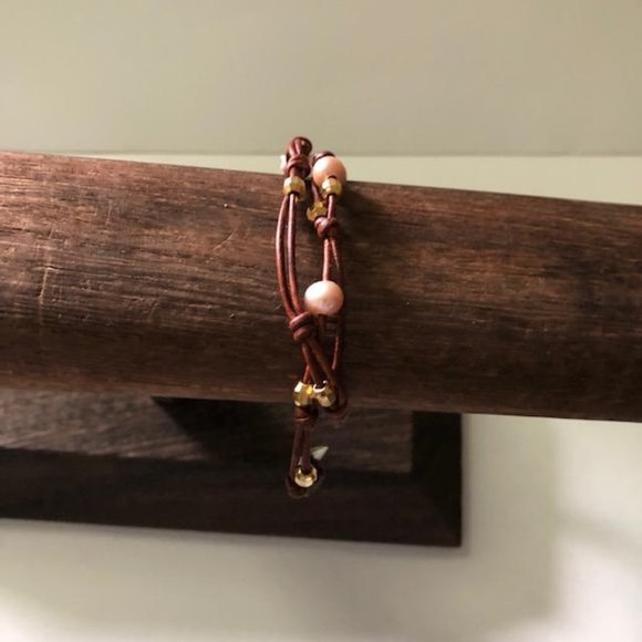 CHAN LUU NAT PINK PEARL DOUBLE BRACELET, GOLD BEADS, BS-5177, BROWN LEATHER, NWT - Picture 3 of 5